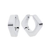 Silver geometric hoop earrings with a bold, modern design, featuring a sleek angular shape. ||| SILVER