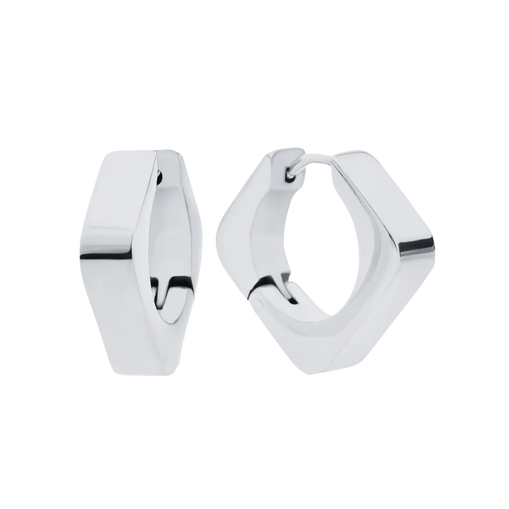 Silver geometric hoop earrings with a bold, modern design, featuring a sleek angular shape. ||| SILVER