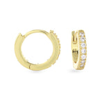 The Mini Clear Huggies, a pair of small gold hoop earrings with sparkling clear cubic zirconia stones.||| GOLD