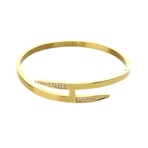 The ARROW SHINI, a stylish gold bracelet featuring a sleek, angular design with sparkling crystal accents. 