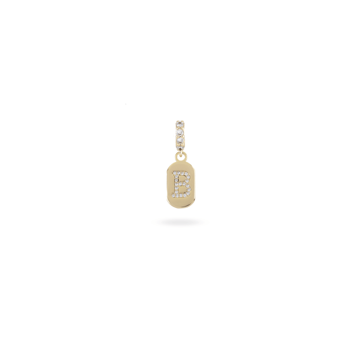 The LETTER JUST CLICK CHARM which is made of gold filled encrusted zirconia letter "B" initial. ||| B/GOLD