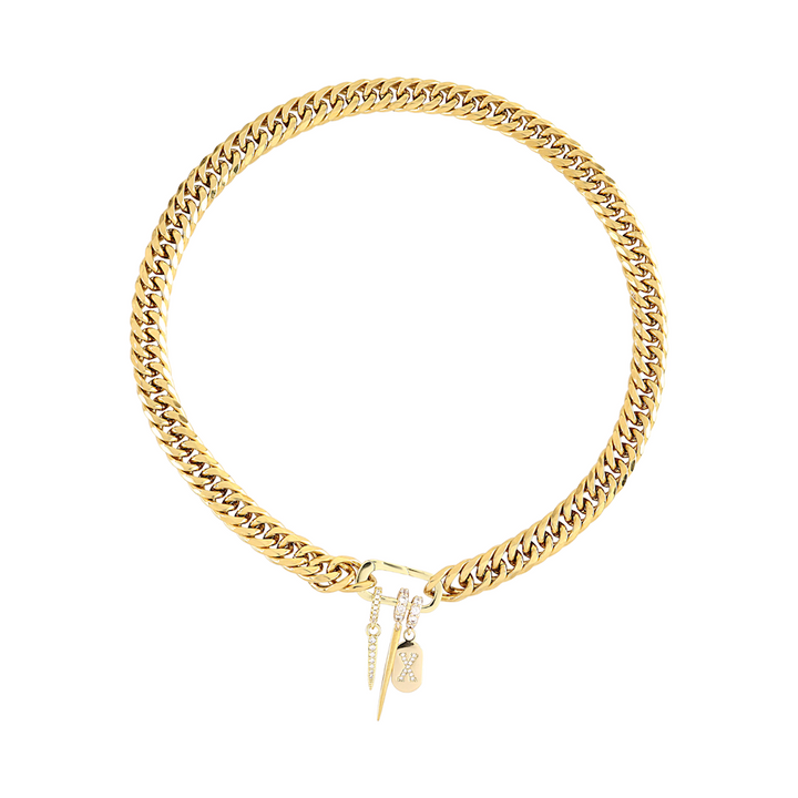 The Just Click Letter Chain, a gold chain with a lobster clasp closure and three charms: a diamond-like encrusted letter "X" and two spike charms.