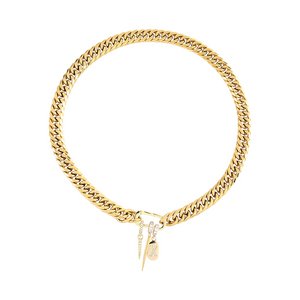 The Just Click Letter Chain, a gold chain with a lobster clasp closure and three charms: a diamond-like encrusted letter 