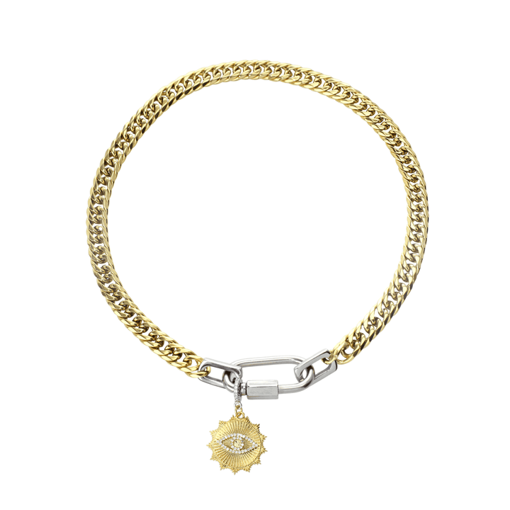 Anne Necklace in gold chain and silver carabiner with the Evil Eye Clip On Charm, a gold charm with a diamond-like evil eye motif, accented with a diamond-like halo and  a textured gold sunburst design.