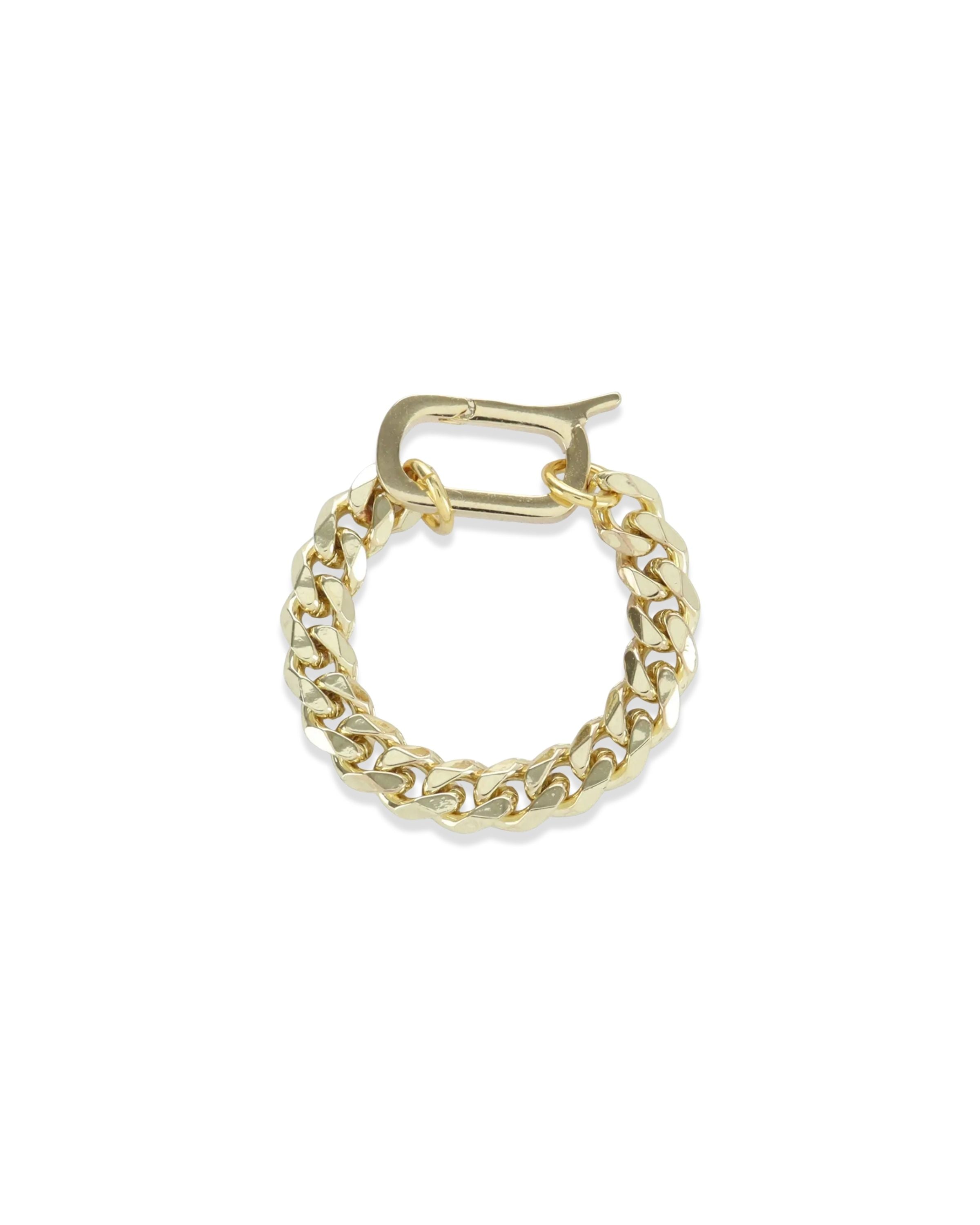 The MINIMAL CAN OPENER CHAIN RING, which is a bold and unique gold ring, features a chunky chain-link design connected by a sleek can opener-style clasp. This statement piece stands out on its own or can be stacked with other rings for a layered, modern look. ||| GOLD
