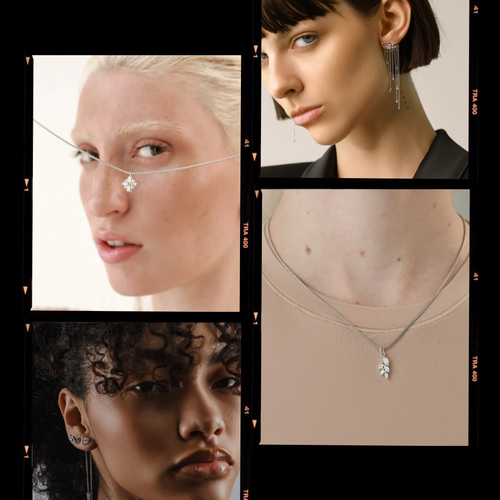 A collage showcasing various jewelry styles on four models. Top left features a delicate silver necklace with a starburst pendant on a fair-skinned model. Top right shows a woman with short dark hair wearing silver drop earrings with cascading chains. Bottom left displays a model with curly hair wearing a pair of silver stud earrings paired with a dangling silver chain. Bottom right captures a close-up of a silver necklace with a leaf-inspired pendant on a neutral-toned top. Each piece highlights elegance a