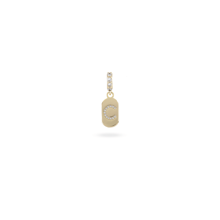 The LETTER JUST CLICK CHARM which is made of gold filled encrusted zirconia letter "C" initial.  ||| C/GOLD
