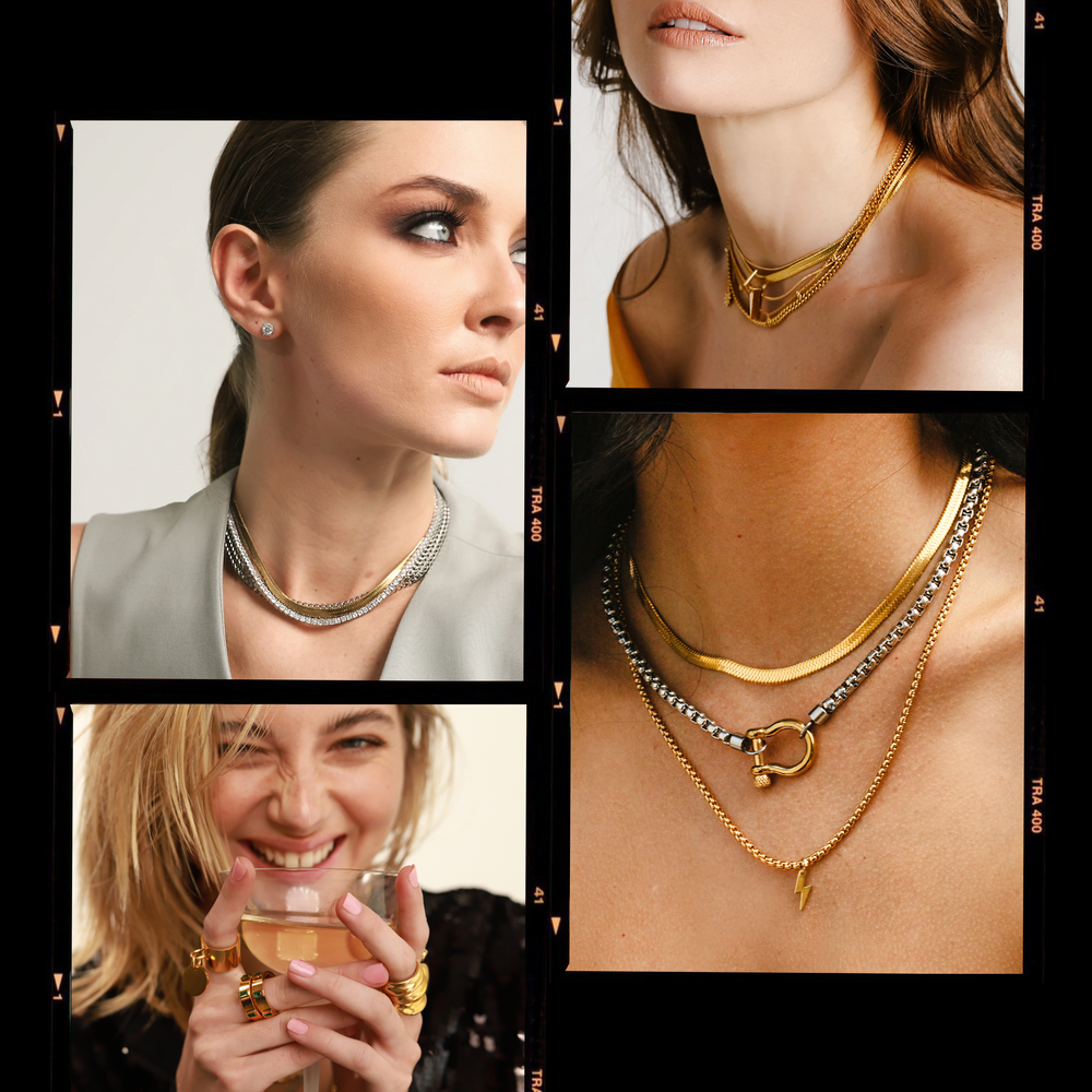 A collage featuring four models showcasing different jewelry styles. Top left displays a model with a sleek hairstyle wearing a layered silver and gold necklace. Top right highlights a model wearing a multi-layered gold necklace set in a statement, bold style. Bottom left features a model smiling and holding a glass, adorned with gold rings and bracelets. Bottom right captures a close-up of a mixed metal necklace stack with gold and silver tones, including a circular pendant clasp and a lightning bolt charm