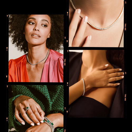 A collage showcasing elegant jewelry styles worn by four models. Top left shows a model in a red top wearing a sparkling silver necklace with a sophisticated, timeless design. Top right highlights a close-up of a delicate, shimmering silver necklace around a model’s neck, emphasizing subtle elegance. Bottom left features hands adorned with statement rings and a bold bracelet set with vibrant green gemstones and diamonds, capturing luxurious detail. Bottom right shows a model wearing a sleek bracelet on a ba