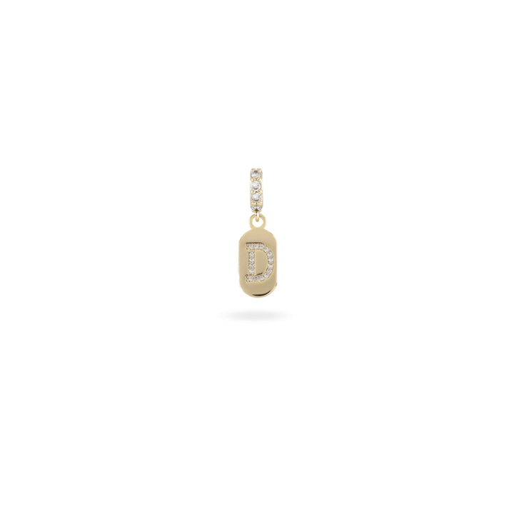The LETTER JUST CLICK CHARM which is made of gold filled encrusted zirconia letter "D" initial. ||| D/GOLD