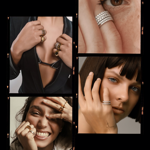 A collage featuring stunning ring collections worn by different models. Top left shows a model with hands adorned in chunky gold and silver rings, exuding boldness and luxury. Top right displays a close-up of a model's eye and hand with a shimmering multi-layered silver ring, showcasing intricate detailing. Bottom left captures a model laughing joyfully, wearing various gold and gemstone rings with a playful yet elegant vibe. Bottom right highlights a model's serious expression while delicately displaying a