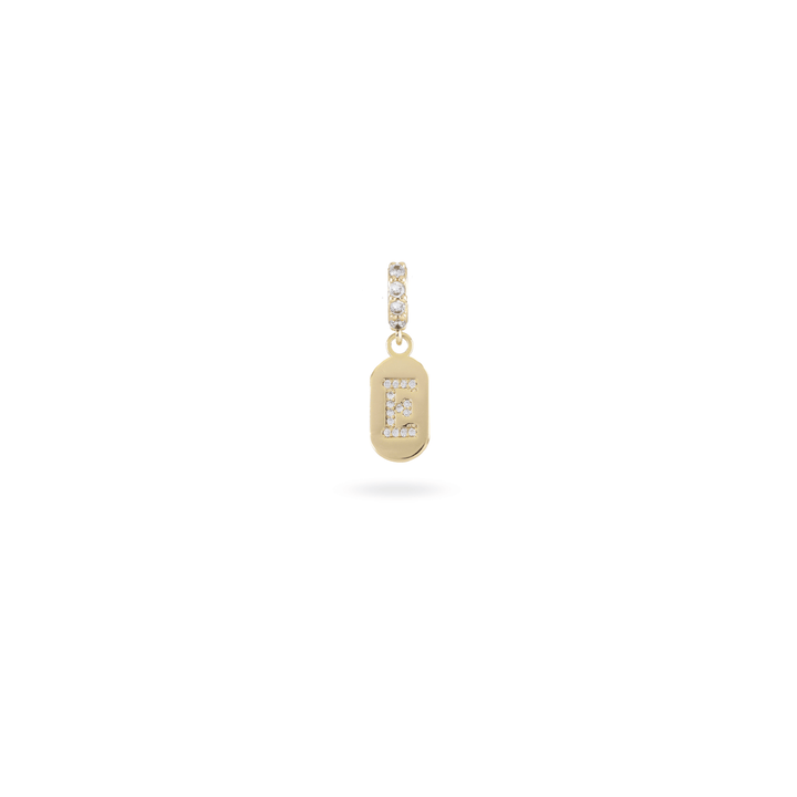 The LETTER JUST CLICK CHARM which is made of gold filled encrusted zirconia letter "E" initial.  ||| E/GOLD