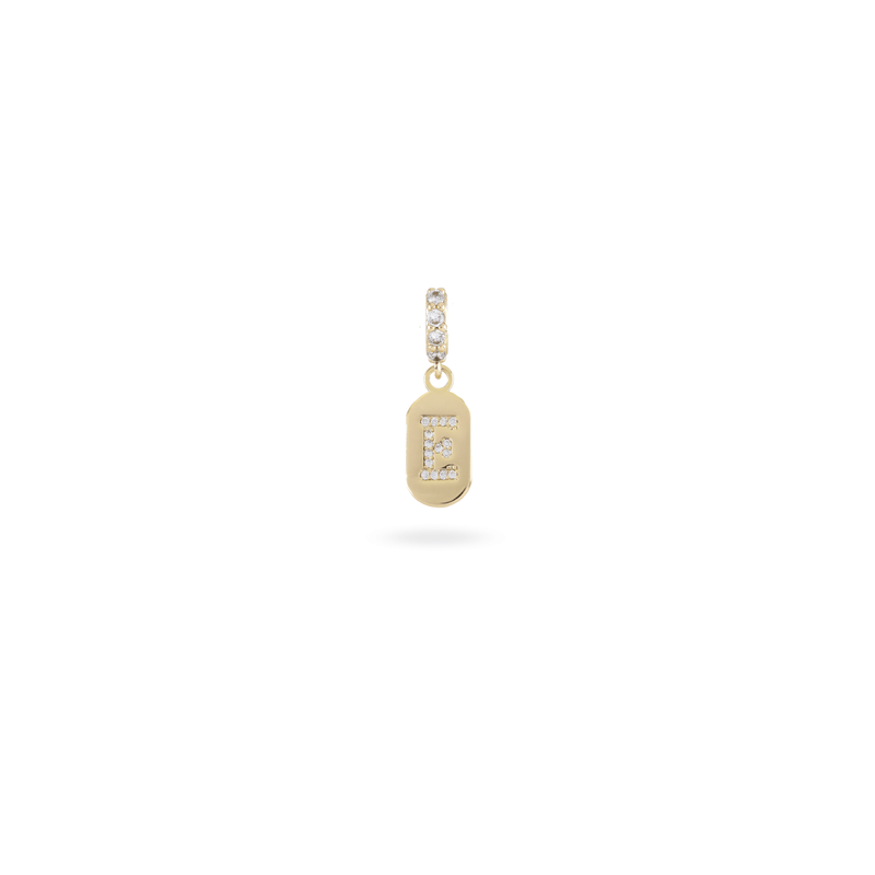 The LETTER JUST CLICK CHARM which is made of gold filled encrusted zirconia letter "E" initial.