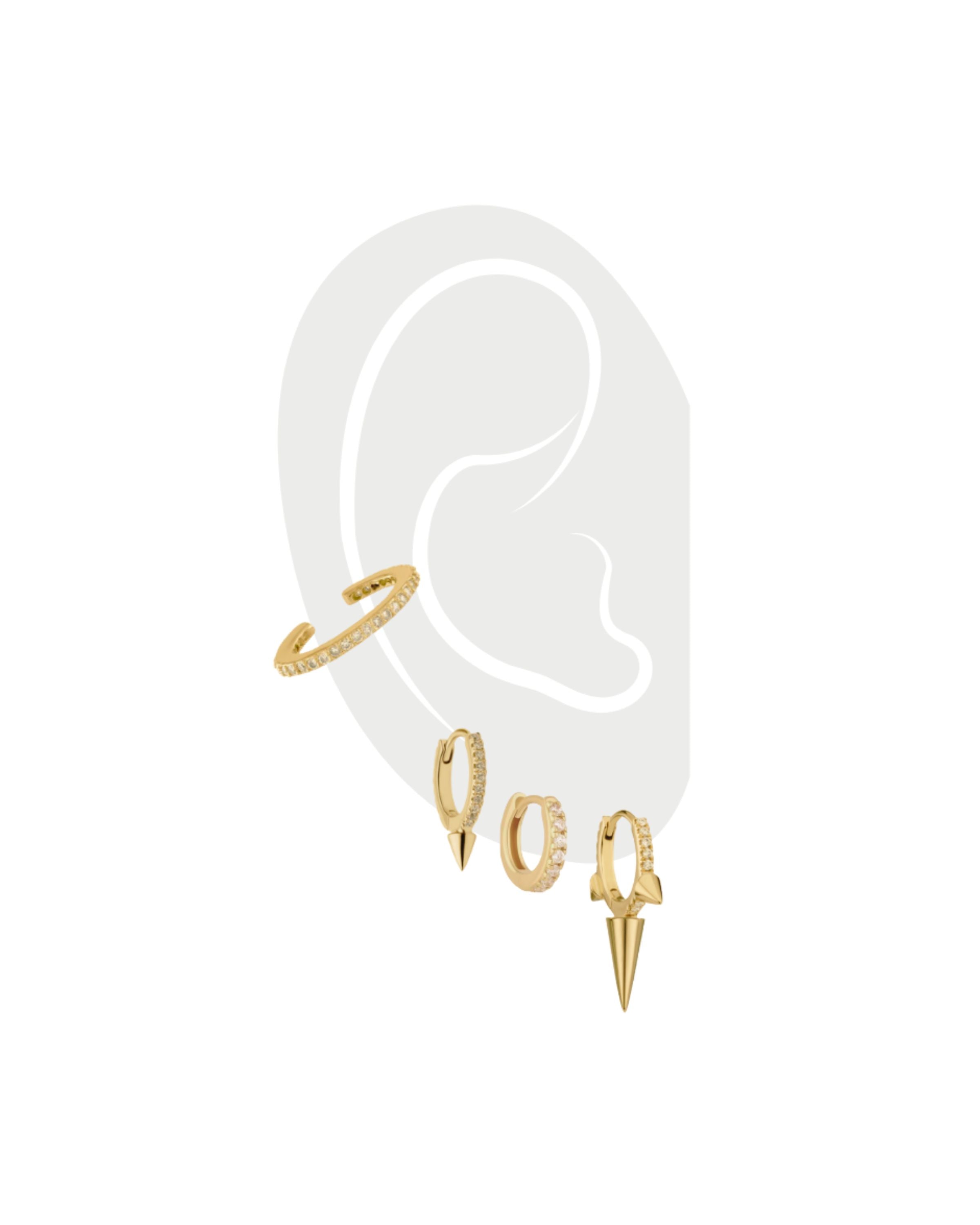 The Ear Party Gold Set - 3 & 2 Holes, a curated collection of five gold earrings designed for multiple ear piercings, featuring diamond hoops, spike studs, and a minimalist ear cuff. ||| GOLD