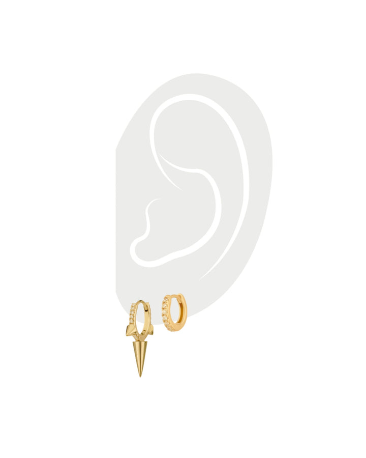2 earrings which is part of the Ear Party Gold Set - 3 & 2 Holes, featuring one diamond gold hoop with 3 spikes and another one plain diamond gold hoop ||| GOLD