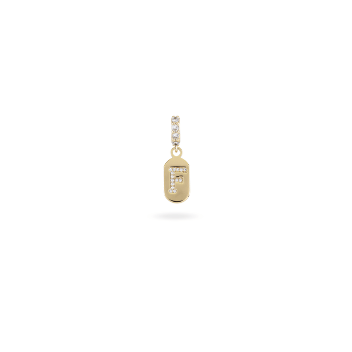The LETTER JUST CLICK CHARM which is made of gold filled encrusted zirconia letter "F" initial. ||| F/GOLD