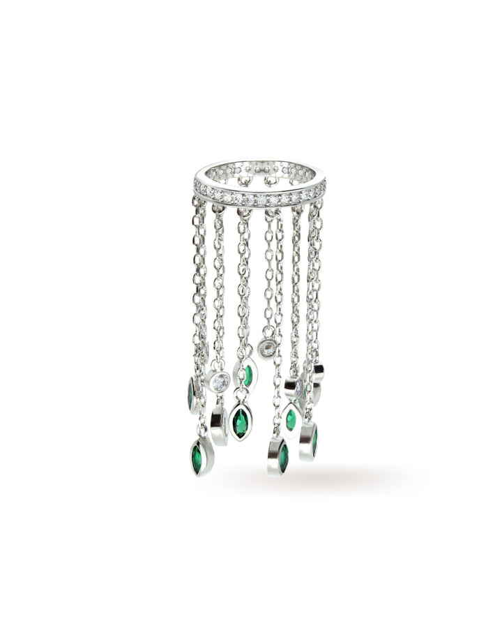 The Emerald Waterfall Ring, a silver ring featuring cascading chains with emerald and diamond-like accents.