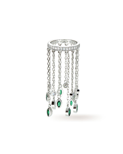The Emerald Waterfall Ring, a silver ring featuring cascading chains with emerald and diamond-like accents.