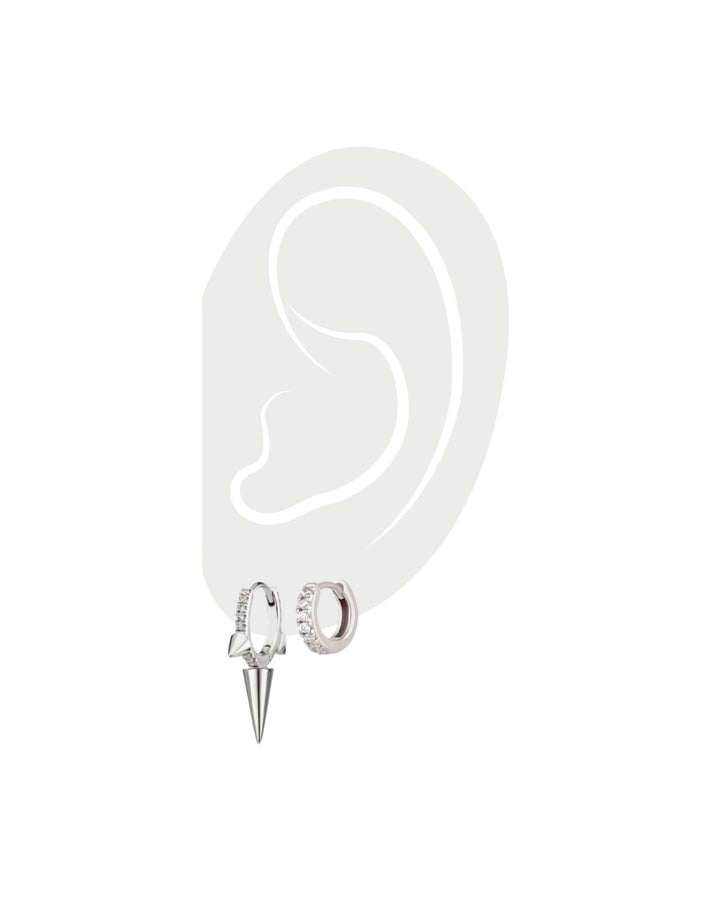 2 silver small hoop earrings one with spike and the other one is plain with stones in it. ||| SILVER