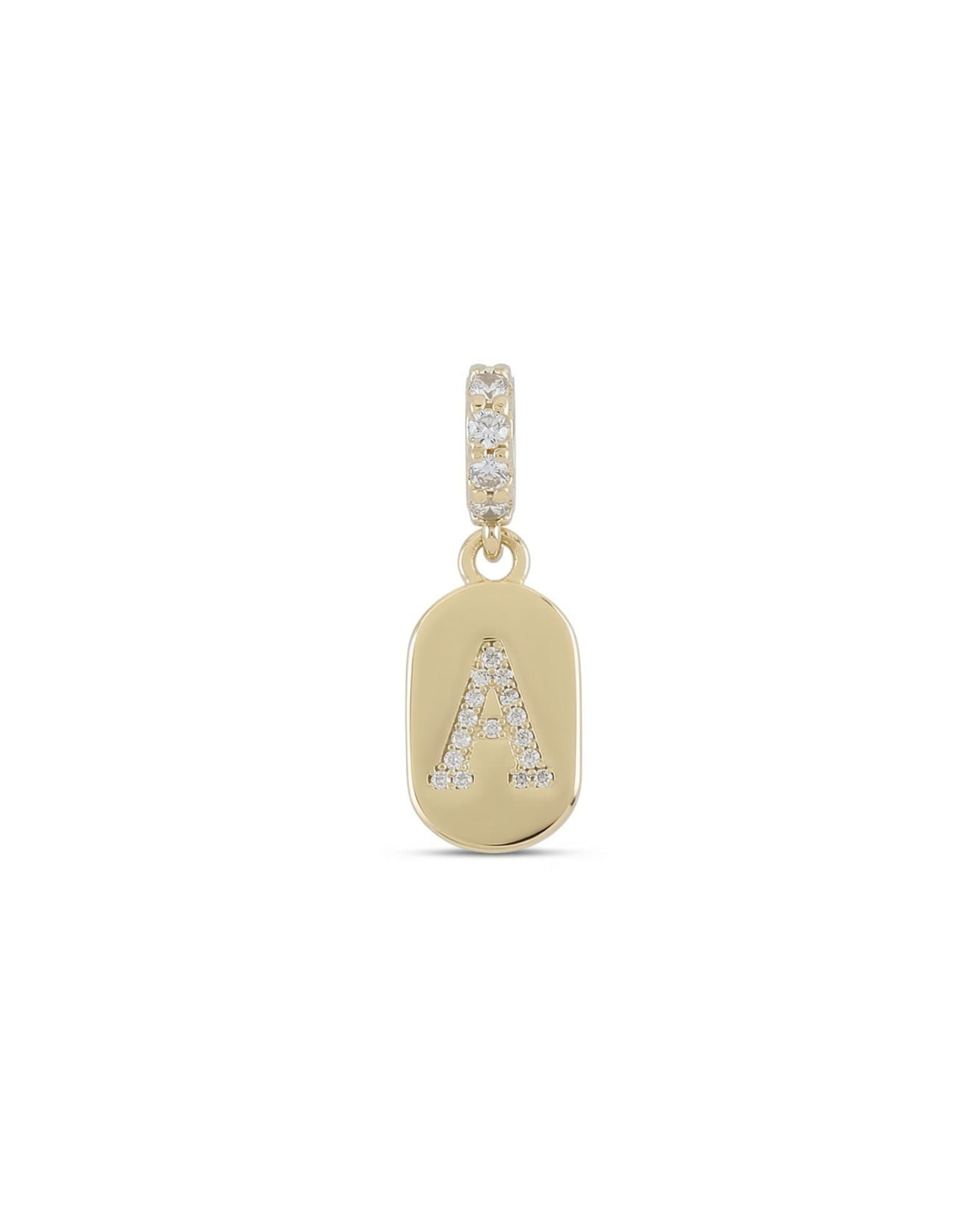 The LETTER JUST CLICK CHARM which is made of gold filled encrusted zirconia initial. ||| A/GOLD