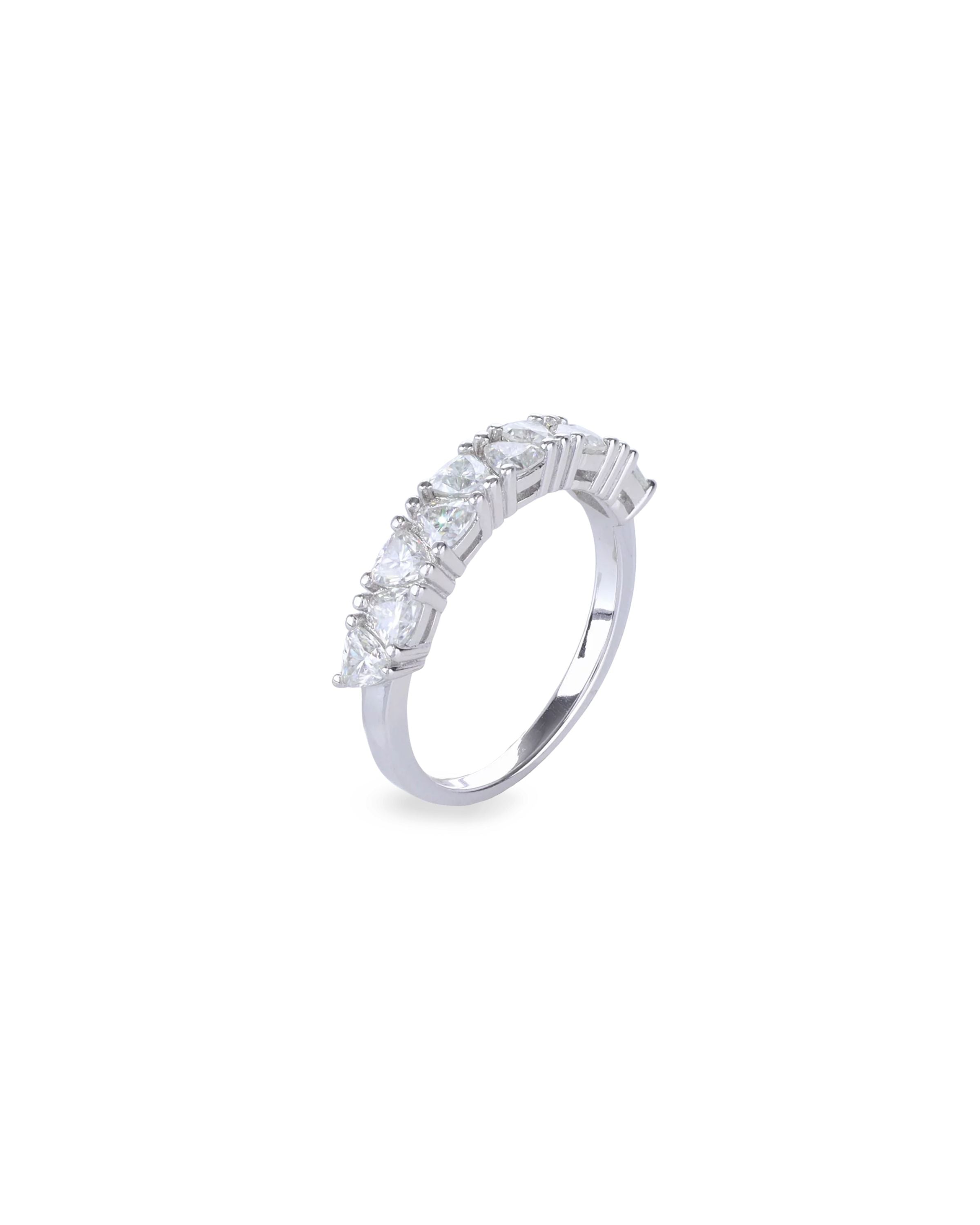 The Triangle Ring, a silver ring featuring a row of triangle-shaped cubic zirconia stones.