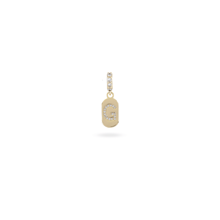 The LETTER JUST CLICK CHARM which is made of gold filled encrusted zirconia letter "G" initial. ||| G/GOLD