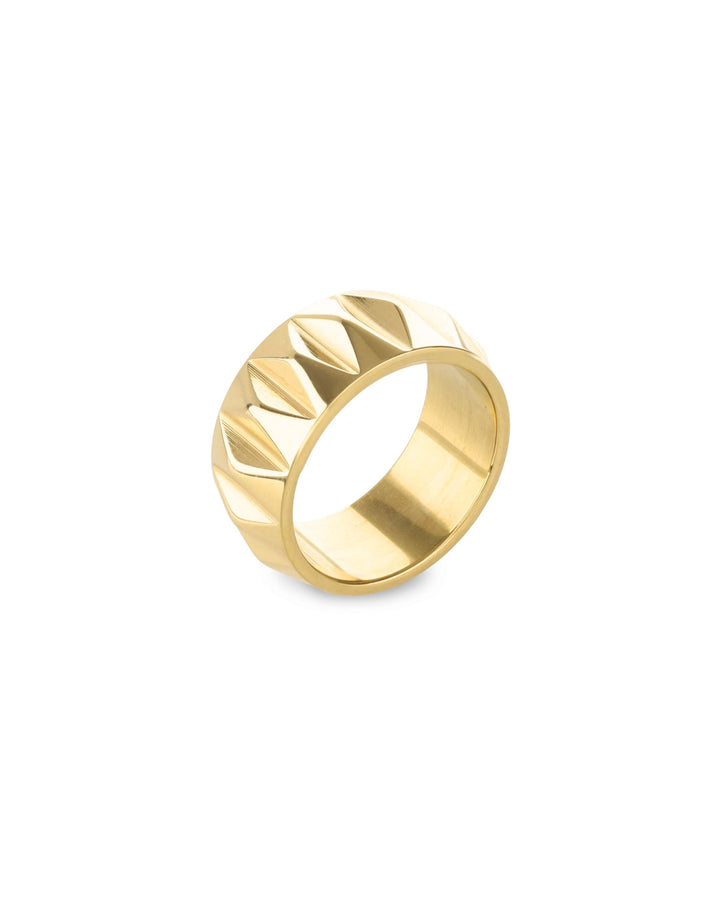 Gold-plated Stainless Steel Accordion Ring with Geometric Pattern