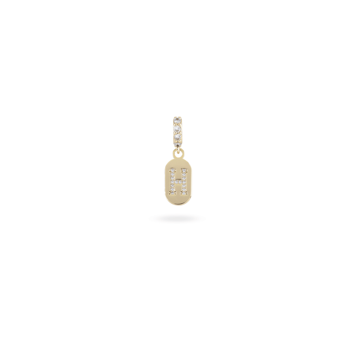 The LETTER JUST CLICK CHARM which is made of gold filled encrusted zirconia letter "H" initial. ||| H/GOLD