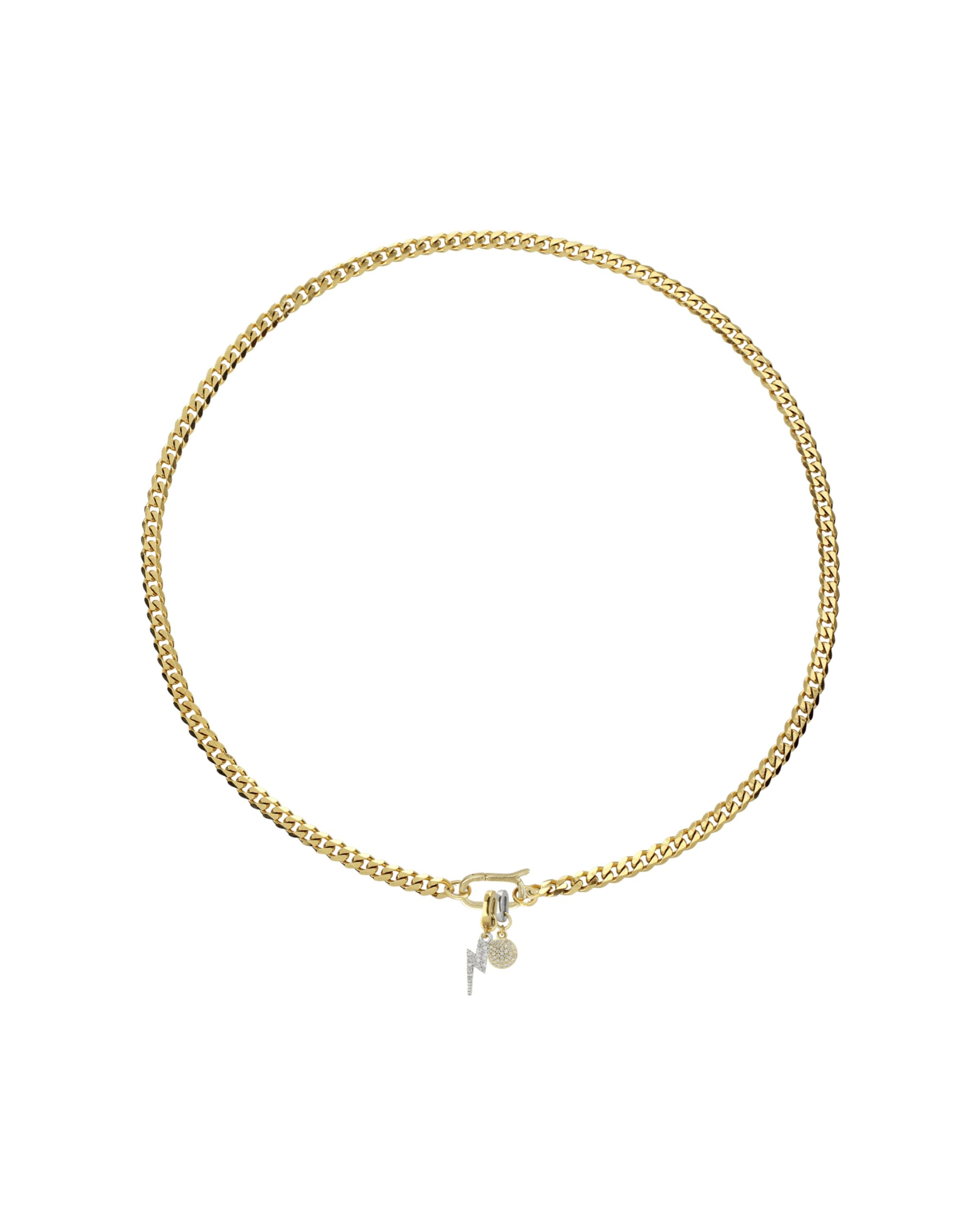 The Herradura Clip On Evil Eye Necklace, a silver and gold necklace featuring a box chain with a gold horseshoe clasp and an evil eye charm accented with diamond-like stones.