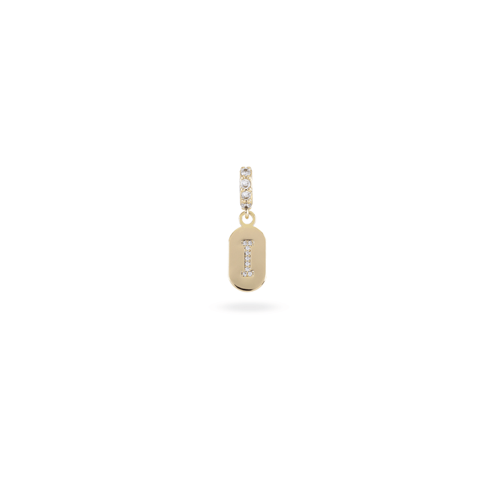 The LETTER JUST CLICK CHARM which is made of gold filled encrusted zirconia letter "I" initial. ||| I/GOLD