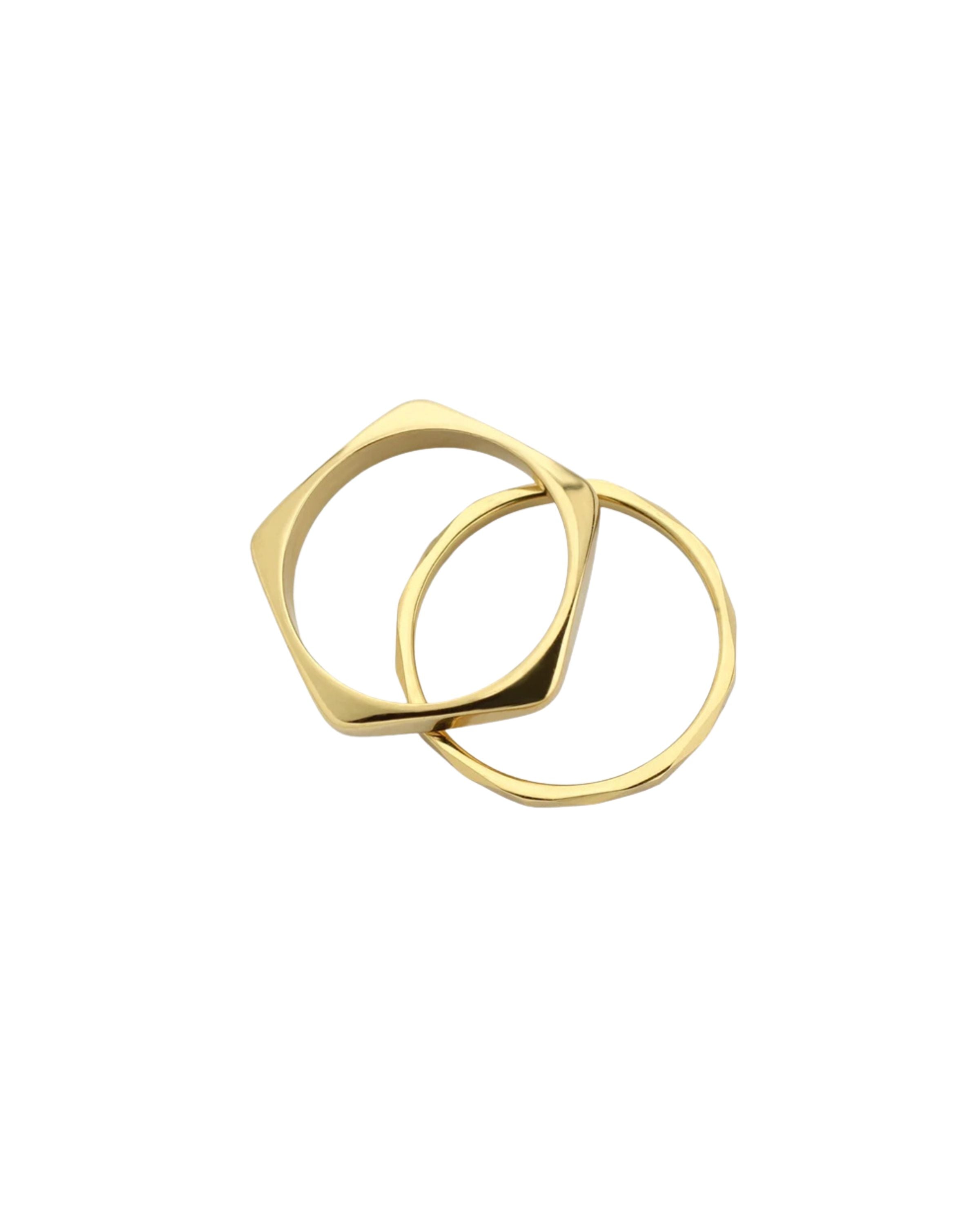The THIN STACK RING which includes 2 18k Gold plated rings. One is the Rhombus ring with the shape of pentagon and the other is THE THIN RING.