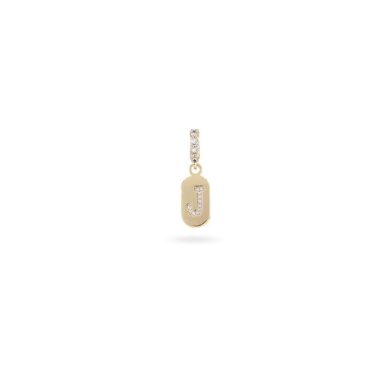 The LETTER JUST CLICK CHARM which is made of gold filled encrusted zirconia letter "J" initial.