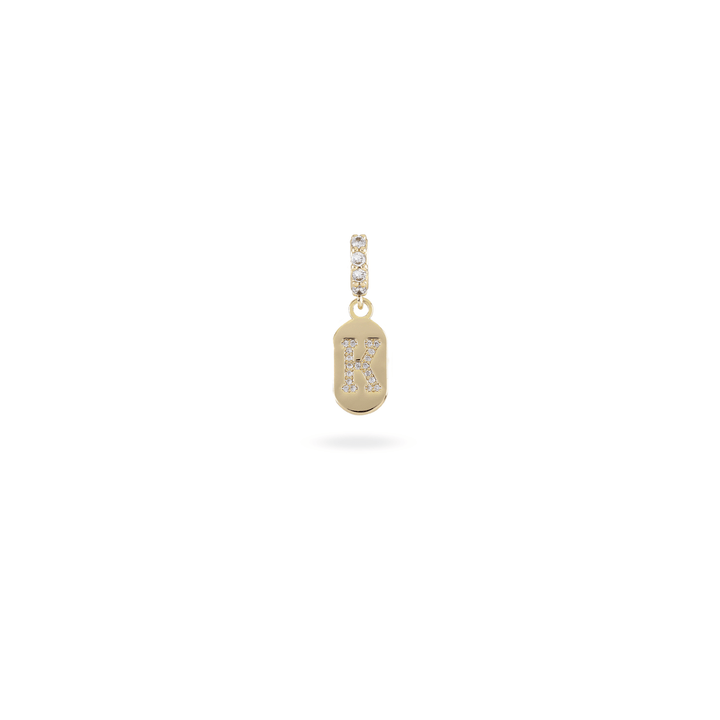 The LETTER JUST CLICK CHARM which is made of gold filled encrusted zirconia letter "K" initial. ||| K/GOLD