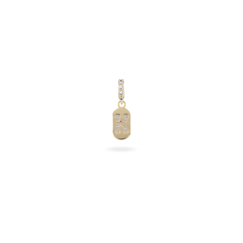 The LETTER JUST CLICK CHARM which is made of gold filled encrusted zirconia letter "K" initial.