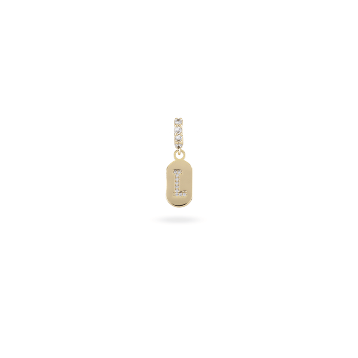 The LETTER JUST CLICK CHARM which is made of gold filled encrusted zirconia letter "L" initial. ||| L