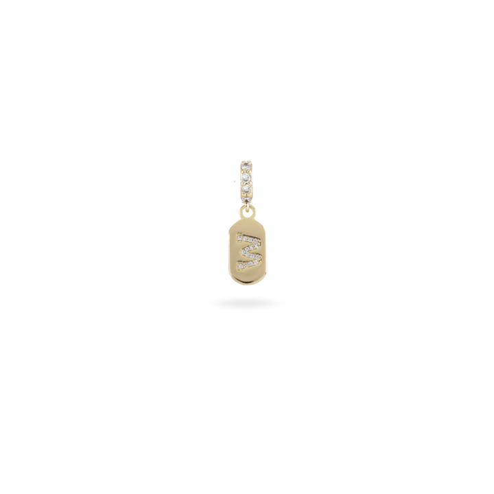 The LETTER JUST CLICK CHARM which is made of gold filled encrusted zirconia letter "M" initial. ||| M/GOLD