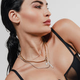 Gold and silver CAN OPENER MIX PAVE NECKLACE SET layered on model, featuring pave-accented pendants and bold mixed-metal chains.