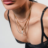 Gold and silver CAN OPENER MIX PAVE NECKLACE SET layered on model, featuring pave-accented pendants and bold mixed-metal chains.