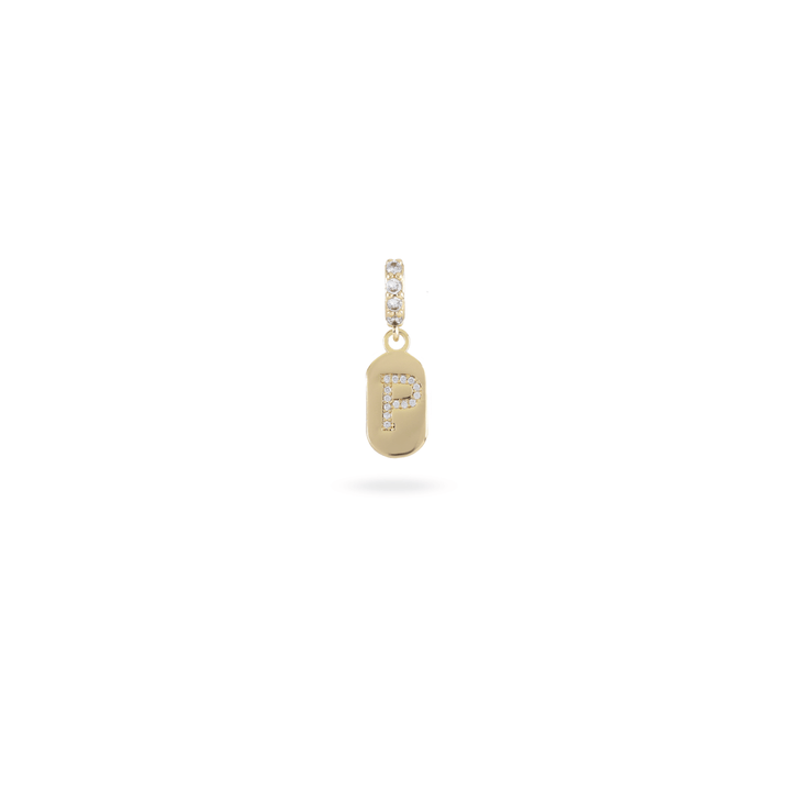 The LETTER JUST CLICK CHARM which is made of gold filled encrusted zirconia letter "P" initial. ||| P/GOLD
