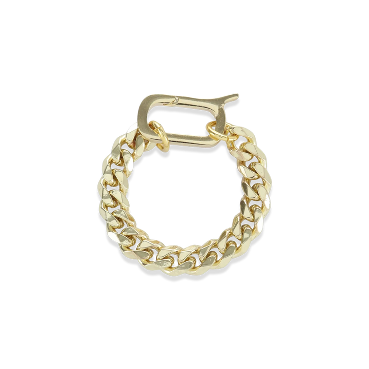 The MINIMAL CAN OPENER CHAIN RING, which is a bold and unique gold ring, features a chunky chain-link design connected by a sleek can opener-style clasp. This statement piece stands out on its own or can be stacked with other rings for a layered, modern look. ||| GOLD