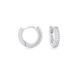 The Mini Clear Huggies, a pair of small silver hoop earrings with sparkling clear cubic zirconia stones.||| SILVER