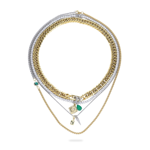 The Just Click Emerald Tennis Necklace Set, a four-piece gold and silver necklace set featuring a variety of chains with diamond-like accents, emerald accents, and a variety of charms.