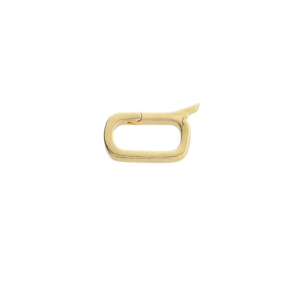 The Can Opener Clasp, which is a single-piece gold clasp, features a unique, bold design resembling a modern twist on classic utility shapes, adding a distinct and edgy touch to necklaces or bracelets. 