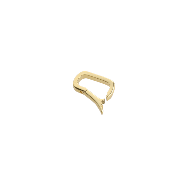 The Can Opener Clasp, which is a single-piece gold clasp, features a unique, bold design resembling a modern twist on classic utility shapes, adding a distinct and edgy touch to necklaces or bracelets.