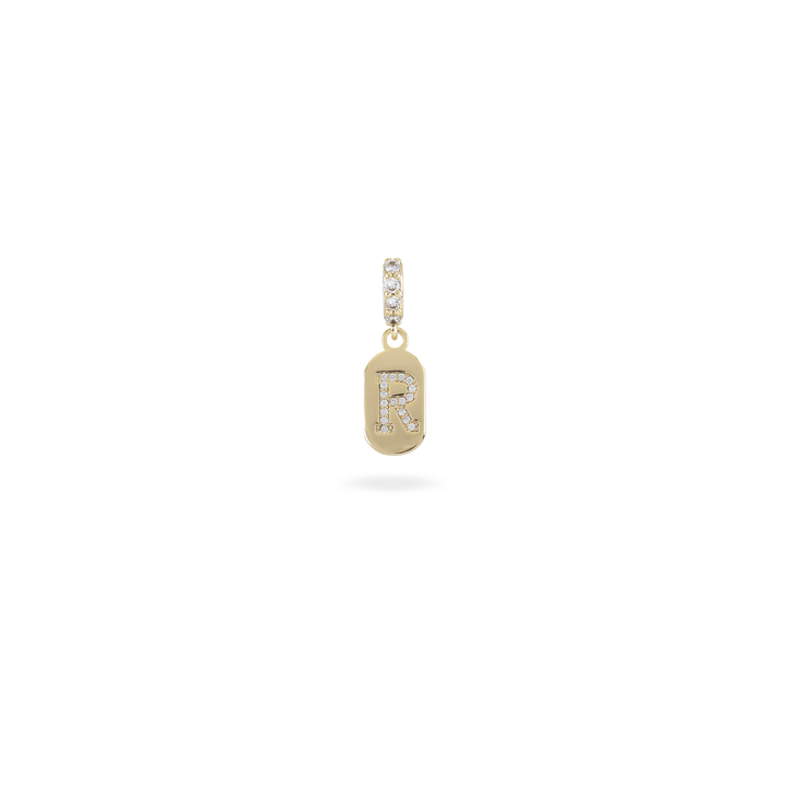 The LETTER JUST CLICK CHARM which is made of gold filled encrusted zirconia letter "R" initial. ||| R/GOLD