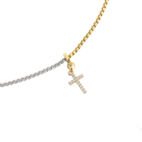 Charmed Opposites Necklace featuring a two-tone gold and silver box chain with a pavé cross charm at the center. |||  Cross Charm/MIX

