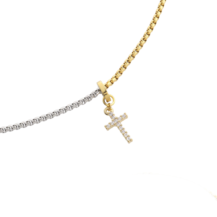 Charmed Opposites Necklace featuring a two-tone gold and silver box chain with a pavé cross charm at the center. |||  Cross Charm/MIX
