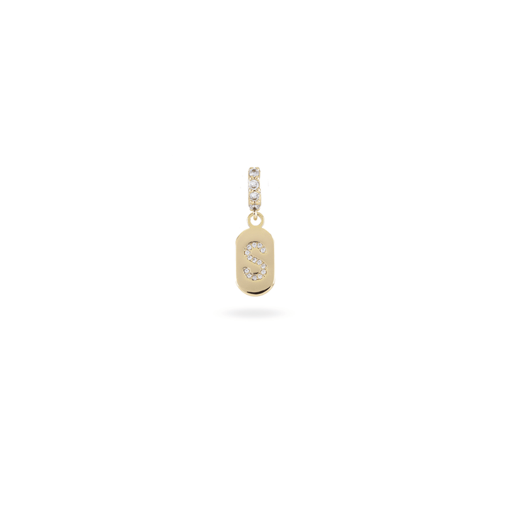 The LETTER JUST CLICK CHARM which is made of gold filled encrusted zirconia letter "S" initial. ||| S/GOLD