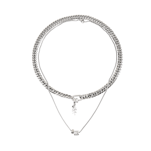 The JUST CLICK LEAVE NECKLACE SET, a layered silver necklace set featuring a chunky chain with a click clasp adorned by leaf-shaped charms and a delicate second chain with a small sparkling pendant, offering an elegant, layered statement look