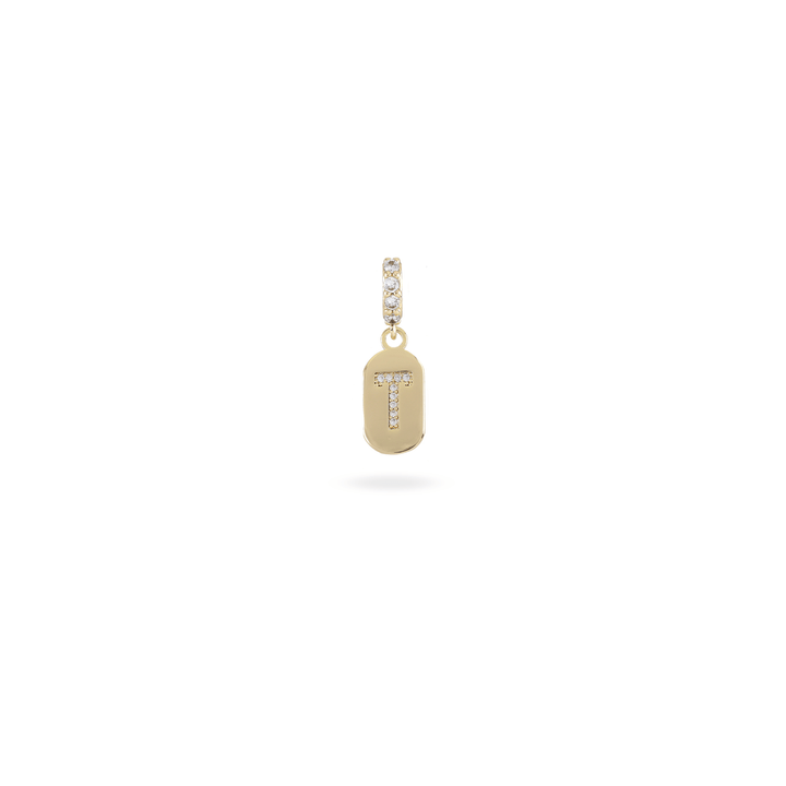 The LETTER JUST CLICK CHARM which is made of gold filled encrusted zirconia letter "T" initial. ||| T/GOLD